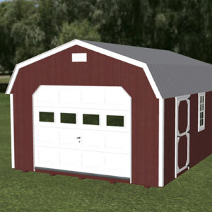 Breezy Acres High Side Barn Garage with Red Siding and Grey Metal Roof