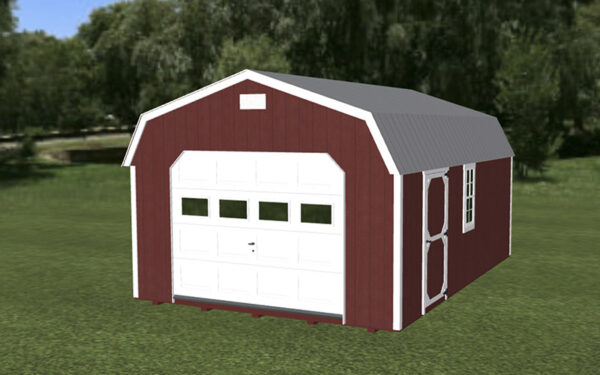 Breezy Acres High Side Barn Garage with Red Siding and Grey Metal Roof