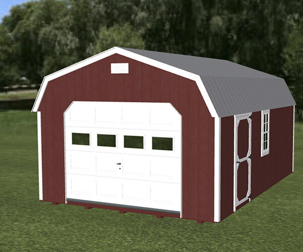 Breezy Acres High Side Barn Garage with Red Siding and Grey Metal Roof