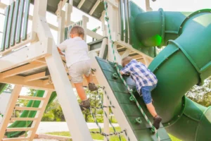 vinyl swing set with climbing wall