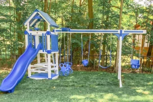 30 ft custom playset with slide, swings, and see saw