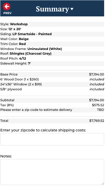 Shed order summary for custom designed sheds