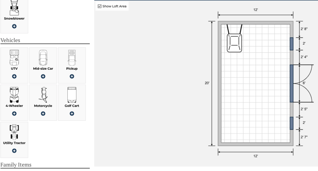 Storage visualizer for a customized shed
