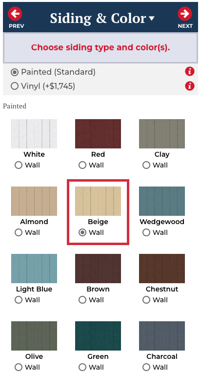 Siding color options fro customized sheds