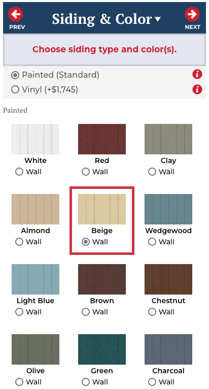 Siding color options fro customized sheds