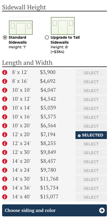 Shed sizes for customized sheds