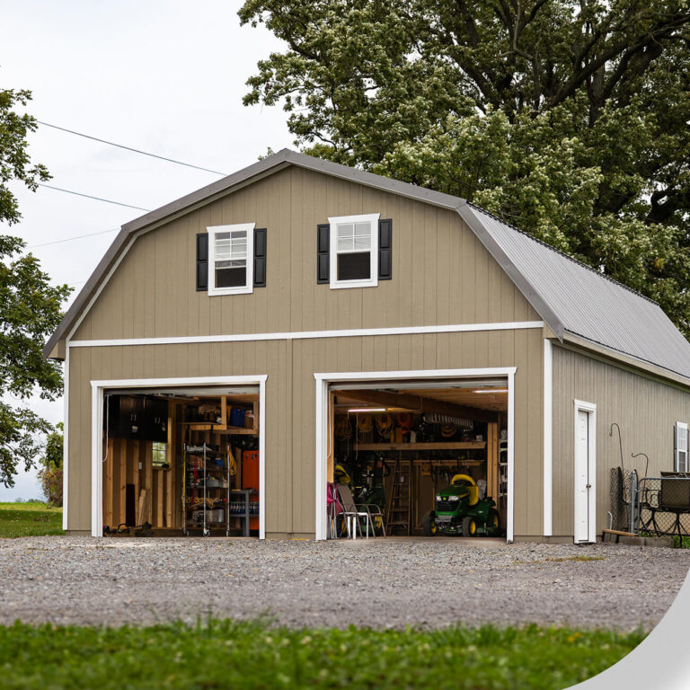 brown metal two story two car garage gablewick breezy acres