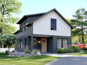 outside view a two story tiny home gray siding