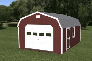 Breezy Acres High Side Barn Garage with Red Siding and Grey Metal Roof